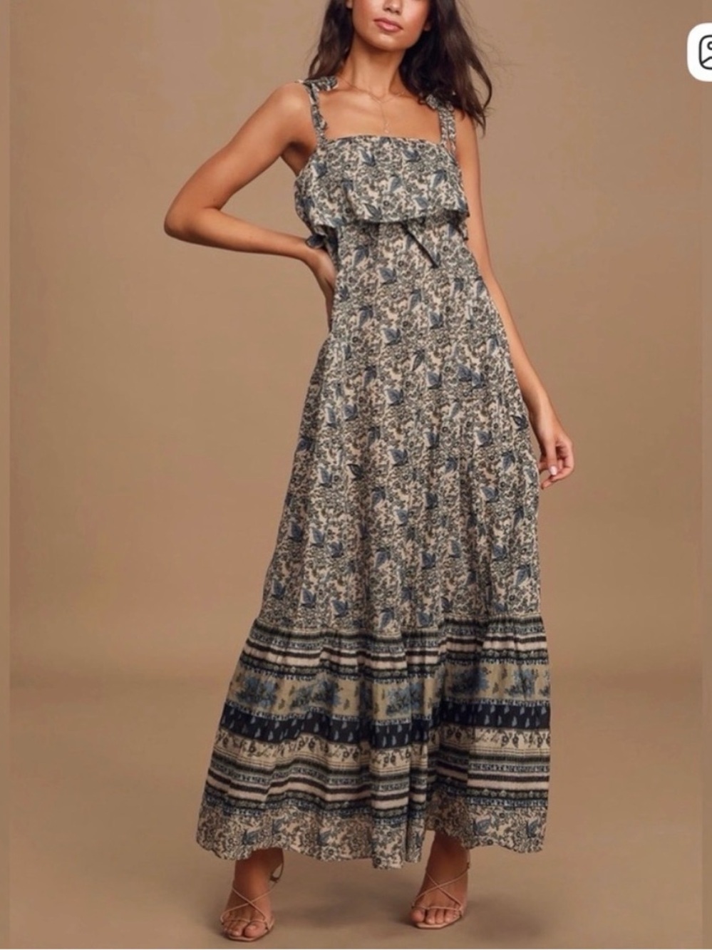 Free People Beige and Navy Floral Maxi Dress with Tie Straps - Picture 1 of 5